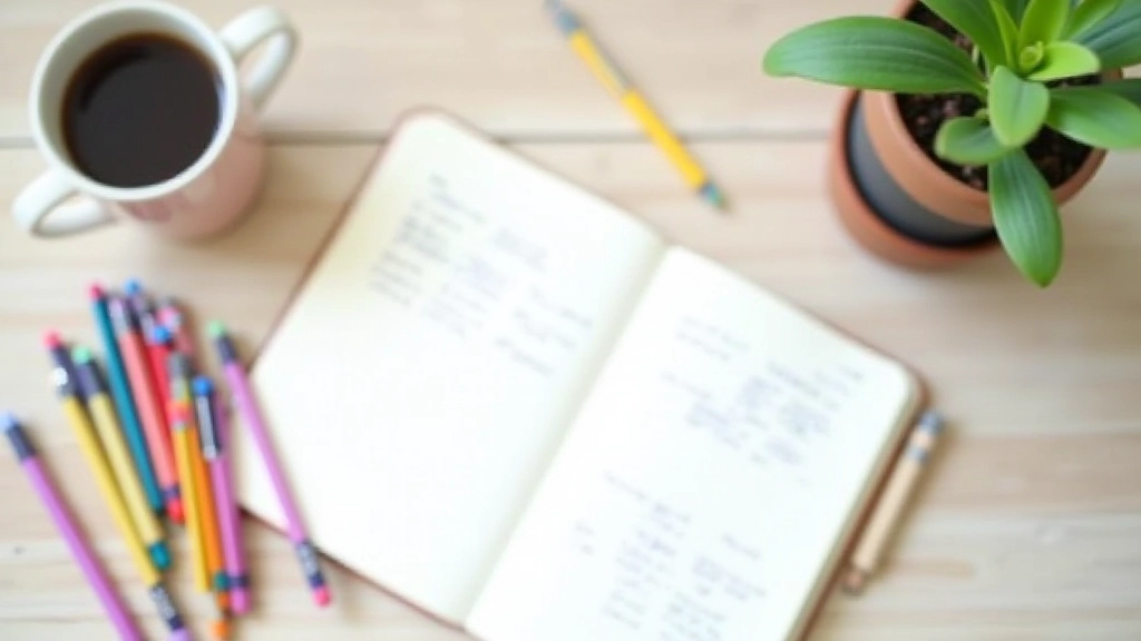 Verschiedenfarbige Stifte und aufgeschlagenes Tagebuch mit bunten Notizen, helle Schreibtischoberfläche, von oben fotografiert