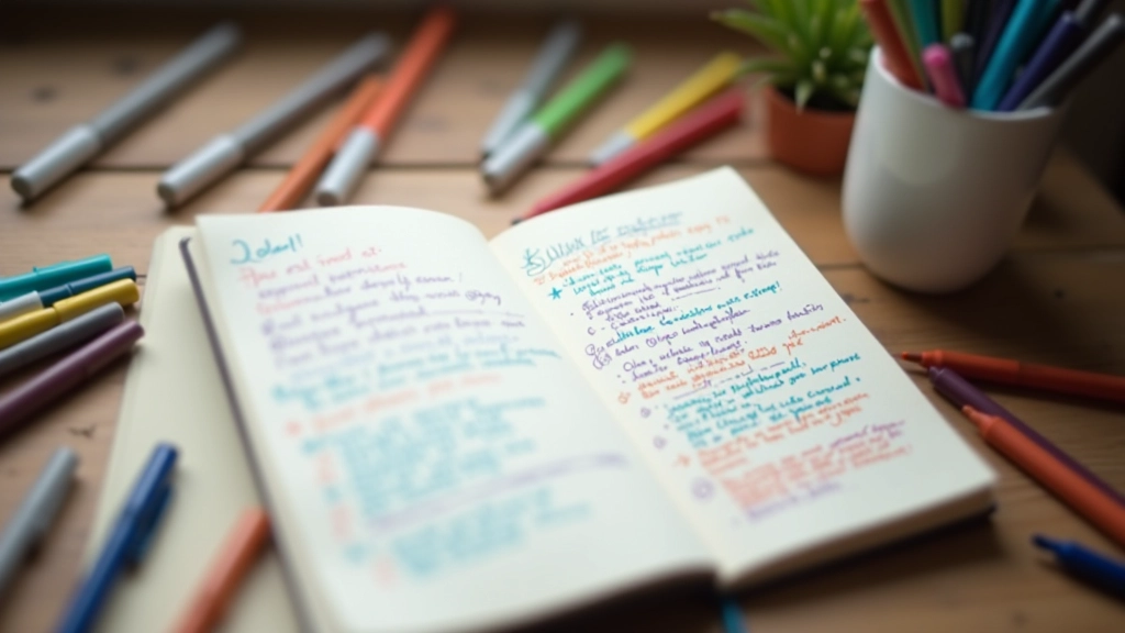 Verschiedenfarbige Stifte und Marker liegen neben einem aufgeschlagenem Tagebuch mit farbigen Markierungen und Notizen