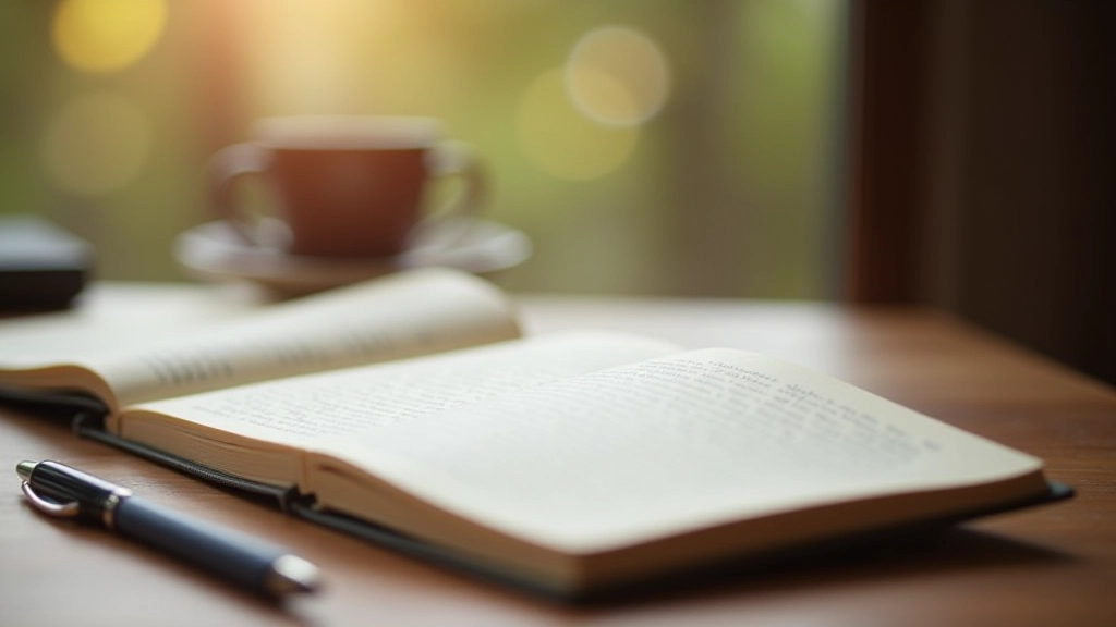 Aufgeschlagenes Tagebuch auf Holztisch mit Stift und Tasse Tee, warmes Tageslicht von links