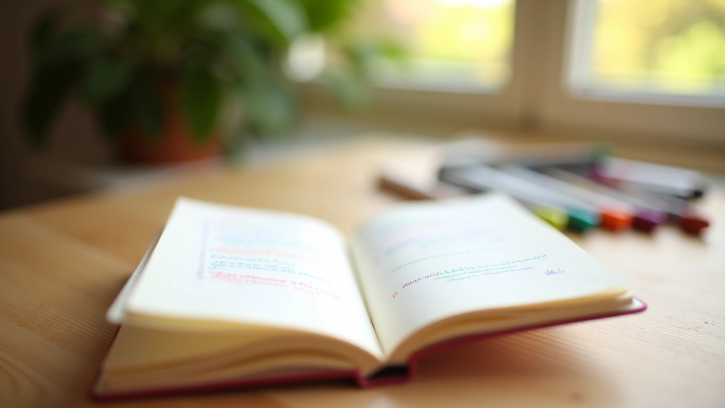 Aufgeschlagenes Tagebuch mit Stift und verschiedenfarbigen Markierungen, helles Tageslicht auf Schreibtisch mit Pflanzen