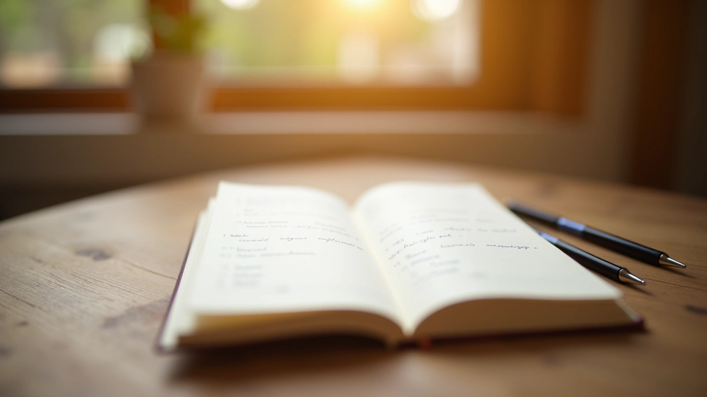 Offenes Tagebuch auf einem Holztisch mit Stift und Tasse Tee in warmer Morgenbeleuchtung