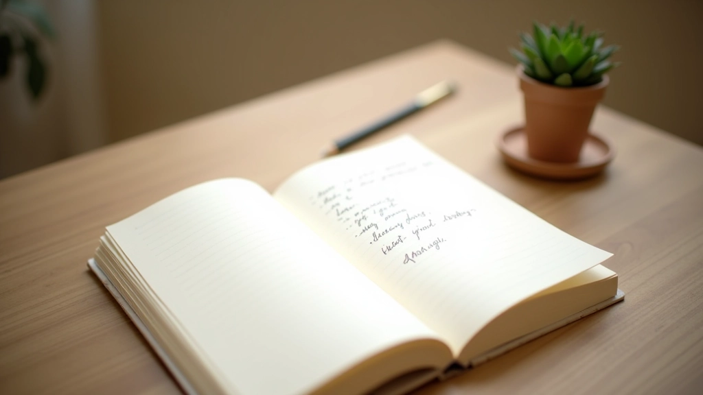 Aufgeschlagenes Tagebuch mit Dankbarkeitsliste und Bleistift, Licht fällt von der Seite ein, gemütliche Schreibtischkulisse