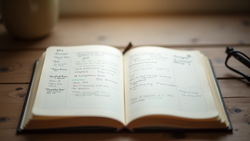 Offenes Tagebuch mit handschriftlichen Notizen und Fortschrittsmarkierungen auf weißem Schreibtisch