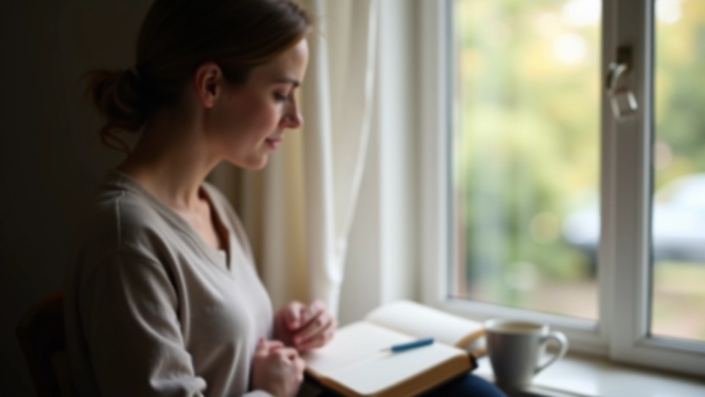 Person sitzt am Fenster mit Tagebuch und Tasse Kaffee, konzentriert schreibend bei Tageslicht