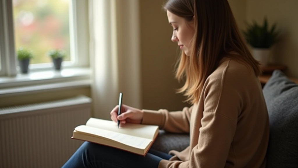 Person sitzt nachdenklich mit Tagebuch, Stift in der Hand, Fenster mit Aussicht im Hintergrund, ruhige reflektive Stimmung