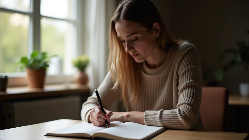 Frau sitzt am Schreibtisch mit offenen Tagebuch, konzentriert beim Schreiben, natürliches Licht, gemütliches Arbeitszimmer