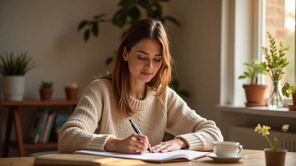 Person schreibt in Tagebuch mit Tasse Tee und Blumen auf dem Schreibtisch, warme Morgenbeleuchtung, entspannte Atmosphäre