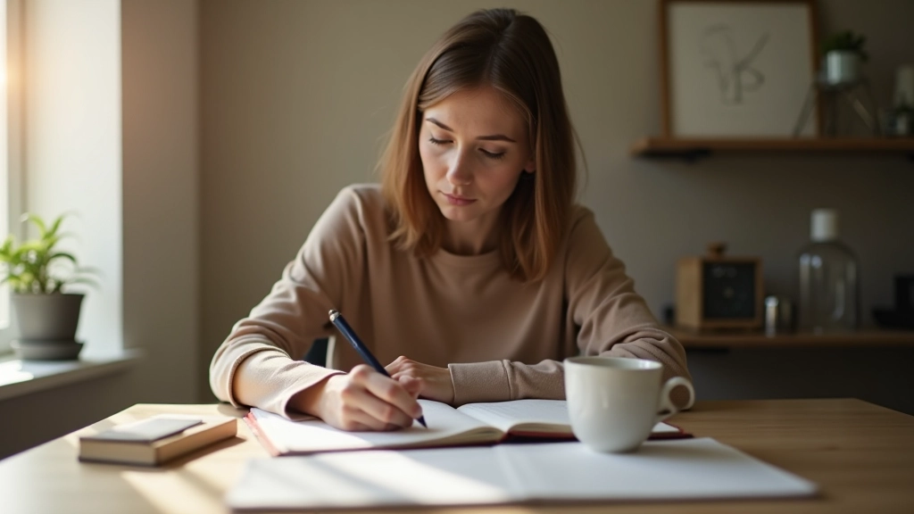 Frau schreibt in Tagebuch mit Tasse Kaffee neben sich, entspannte Pose, natürliches Licht