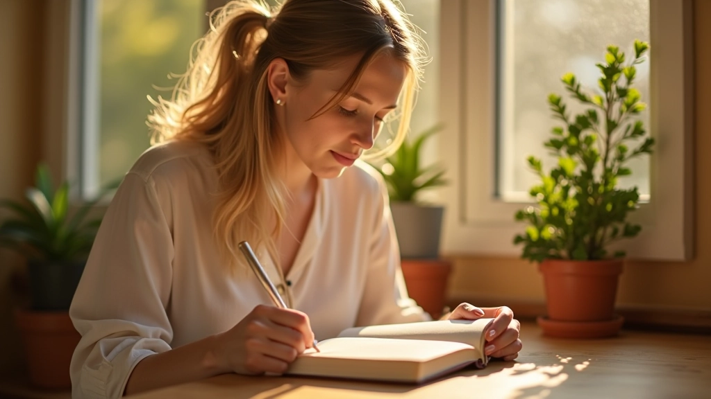 Eine Frau schreibt in ihr Tagebuch in ruhiger, natürlicher Atmosphäre