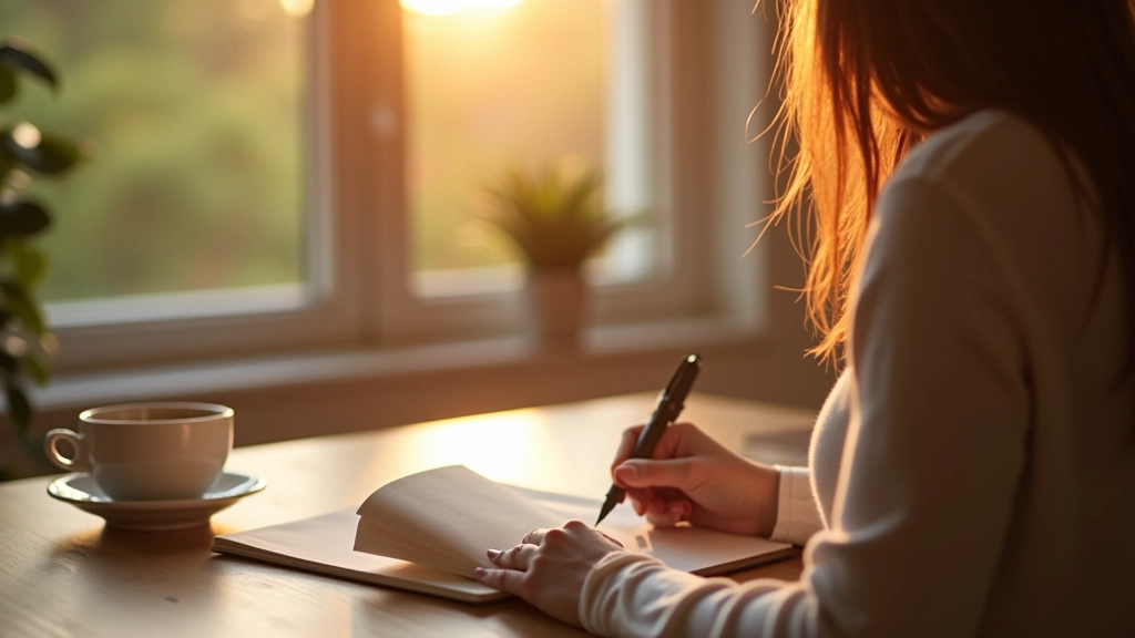 Person schreibt konzentriert mit Tasse Tee neben sich, frühmorgens in heller Umgebung, Fenster im Hintergrund